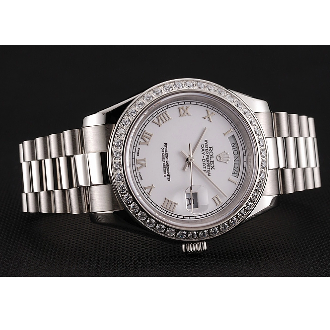 AAA replica watch Case Diamond Bracelet White Day-Date Swiss Dial Rolex Steel 1453967 Stainless 0723